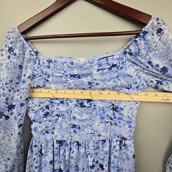 Baby Doll Bubble Long Sleeve Ruched Floral Chiffon Dress Blue Womens Size S - Picture 9 of 11